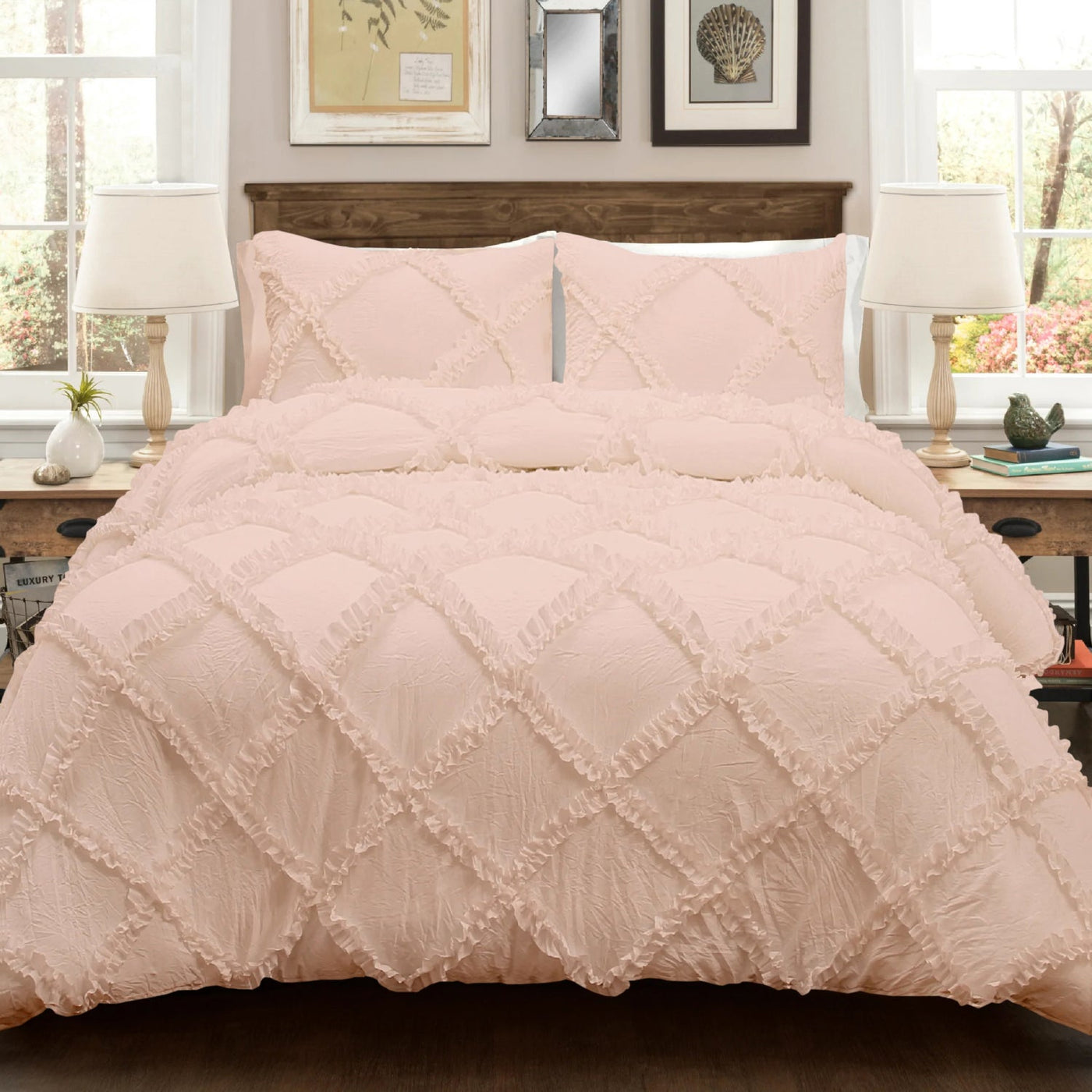 Cross Diamond Ruffle 3 Piece Duvet Cover Set 100% Egyptian Cotton 800 Thread Count