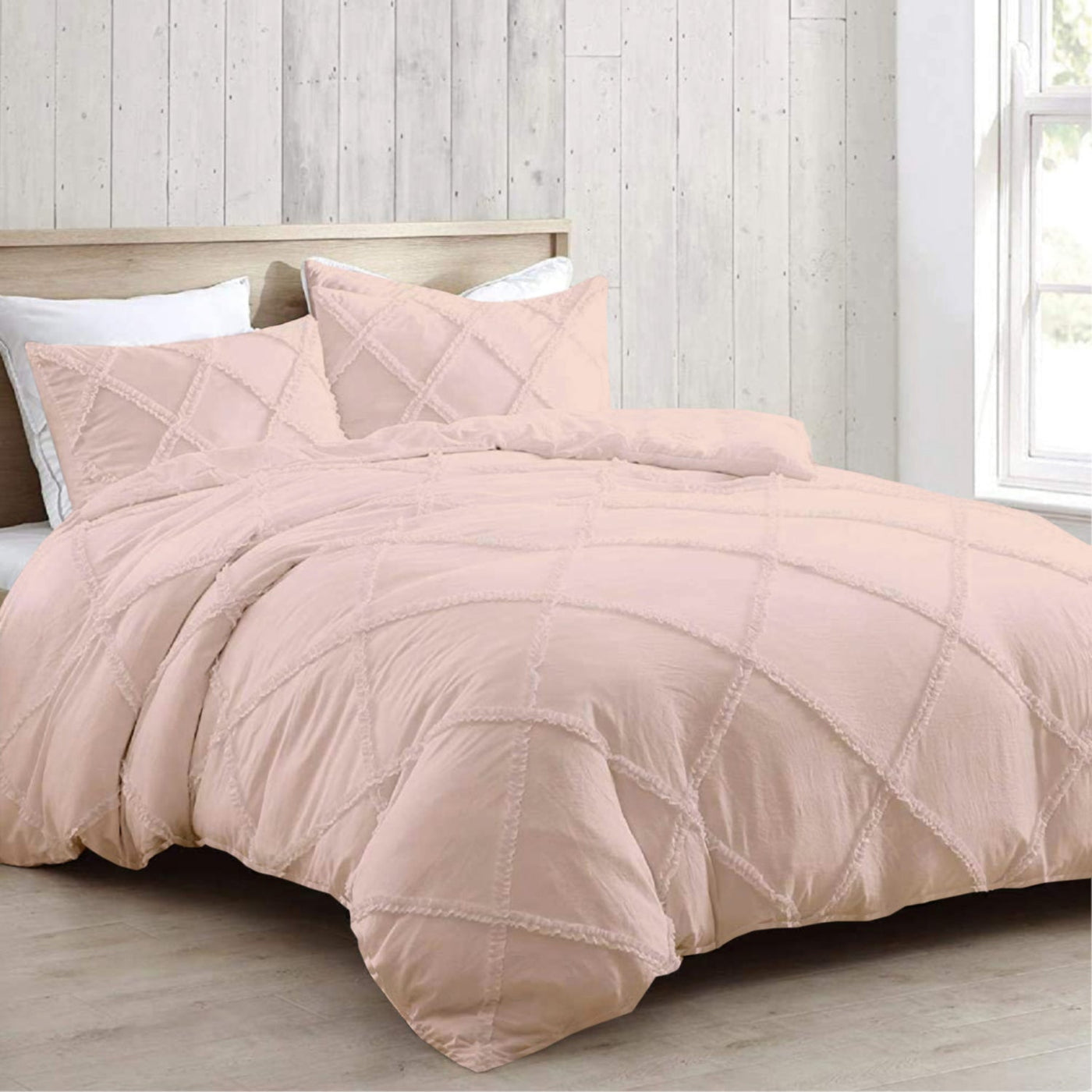 Cross Diamond Ruffle 3 Piece Duvet Cover Set 100% Egyptian Cotton 400 Thread Count