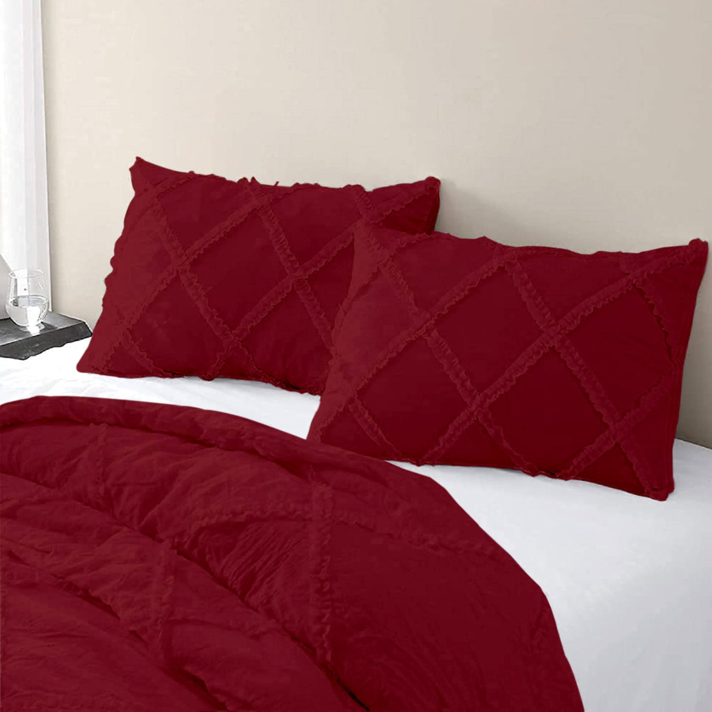 Cross Diamond Ruffle 3 Piece Duvet Cover Set 100% Egyptian Cotton 400 Thread Count