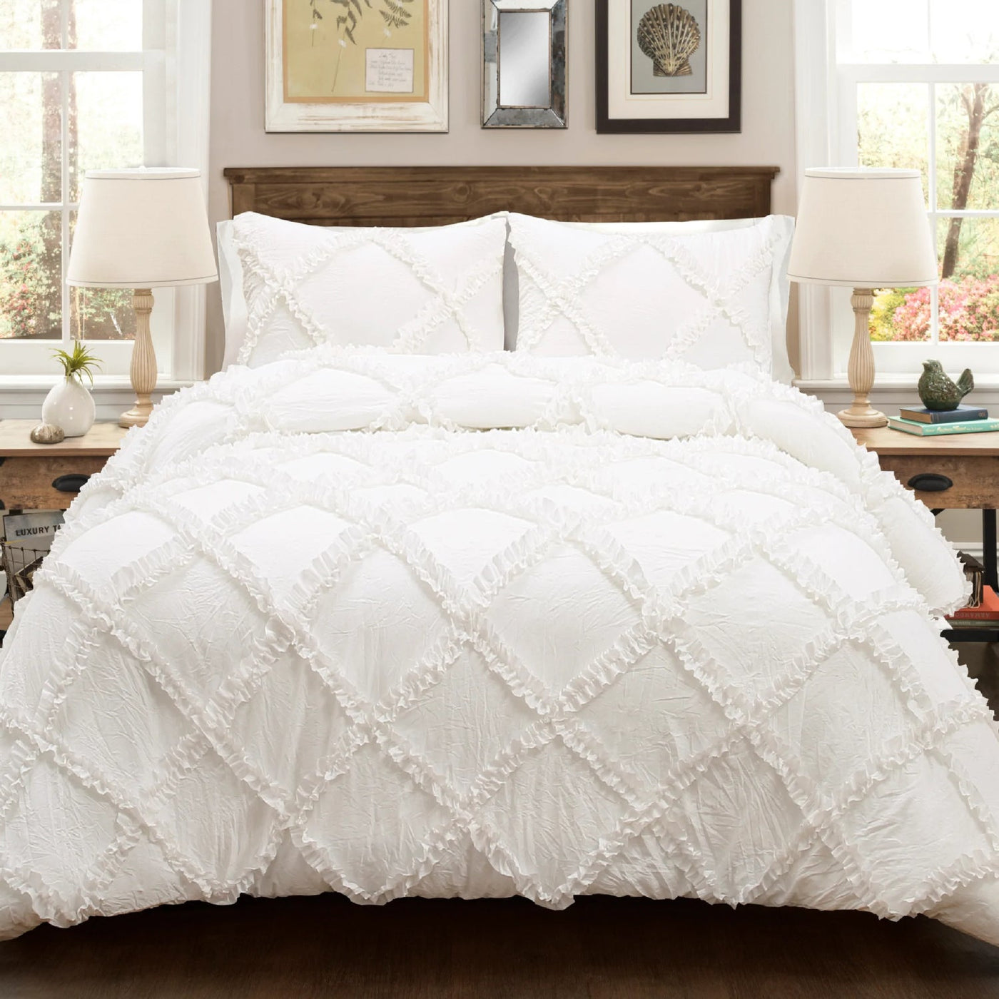 Cross Diamond Ruffle 3 Piece Duvet Cover Set 100% Egyptian Cotton 800 Thread Count