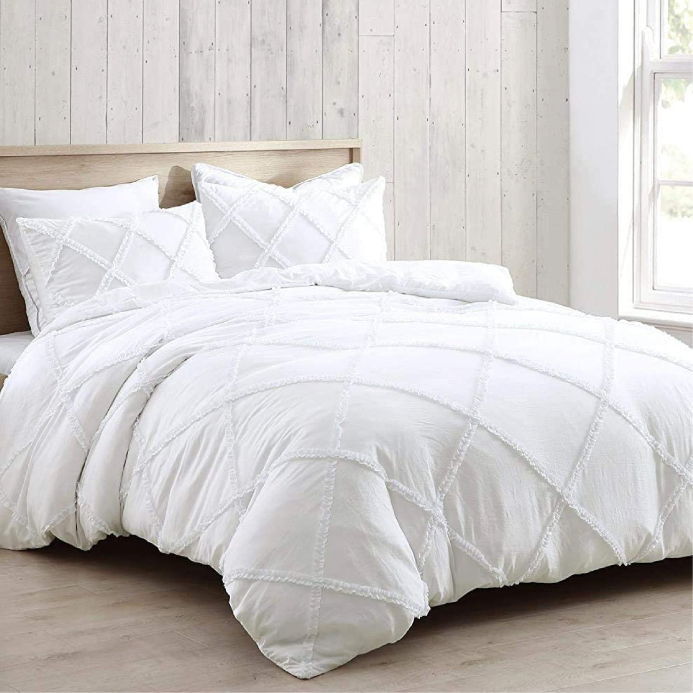 Cross Diamond Ruffle 3 Piece Duvet Cover Set 100% Egyptian Cotton 800 Thread Count